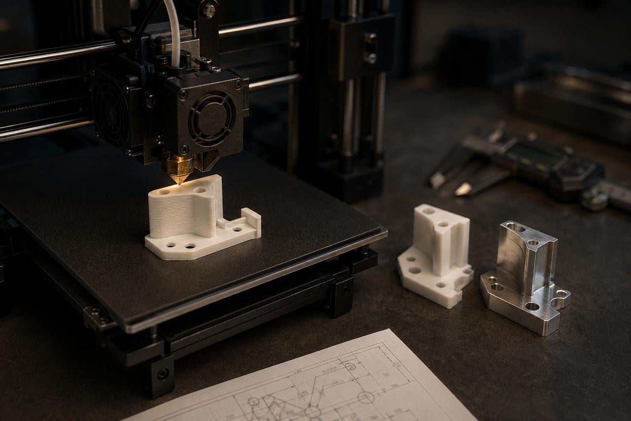 FDM-3D-Drucker mit PLA-Filamentspule und beheiztem Hotend bei MAK Feinmechanik in Schwebheim